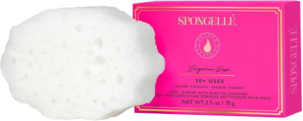 Spongellé Bulgarian Rose Pedi Buffer Bath Sponge | Exfoliating Foot & Heel Scrub | Cleanse, Exfoliate, and Nourish in One Easy Step | Cruelty-Free, Vegan, Dermatologist-Tested, Made in USA | 30+ uses