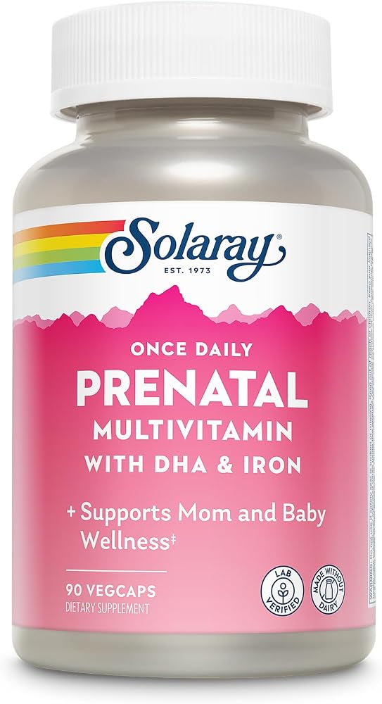 SOLARAY Once Daily Prenatal Multivitamin with DHA & Iron, Prenatal Vitamins and Minerals for Expectant Mothers, Easy Morning Herbal Blend & Whole Food Base, Lab Verified, 90 Servings, 90 VegCaps