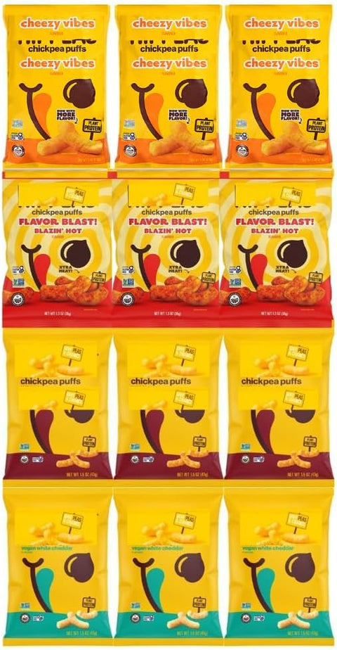 Variety Pack Puffs - Crunchy & Flavorful Snack, Includes Bohemian, Vegan White Cheddar, Cheezy Vibes, Blazin' Hot, 3 of Each Flavor - 12 Pack, Plant-Based, Gluten-Free, High Protein
