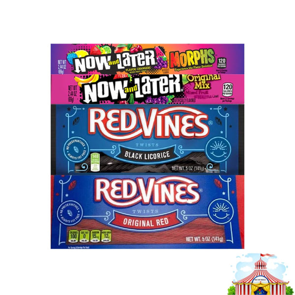 Candy Assortment - Now and Later & Red Vines, 4 Flavors - Original Red, Black Licorice, Original Mix, Morphs - 1 Each Flavor, 4 Pack - Perfect for Parties and Gifting, Delicious & Fun Variety