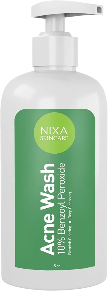 Nixa Skincare 10% Benzoyl Peroxide Wash - Acne Treatment, Face and Body Cleanser for Teens and Adults - Unclog Pores, Reduce Sebum, Works on Contact - Non-Irritating Non-Oily Cleansing Formula - 8oz.