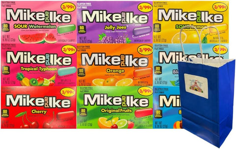 Big Top Deals USA Blue Paper Bag with Mike and Ike Candy Assortment 0.78 oz Packs – 9 Count Individually Wrapped
