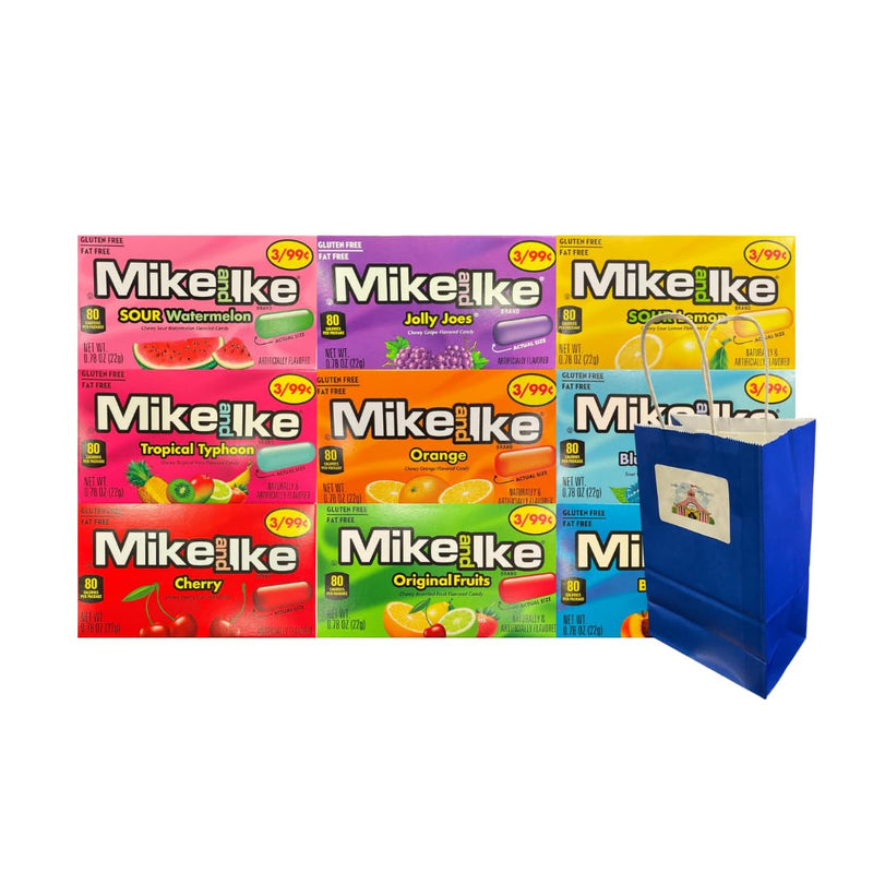 Big Top Deals USA Mike and Ike Candy Assortment - 9 Individually Wrapped Packs (0.78 oz each) - Reusable Paper Bag