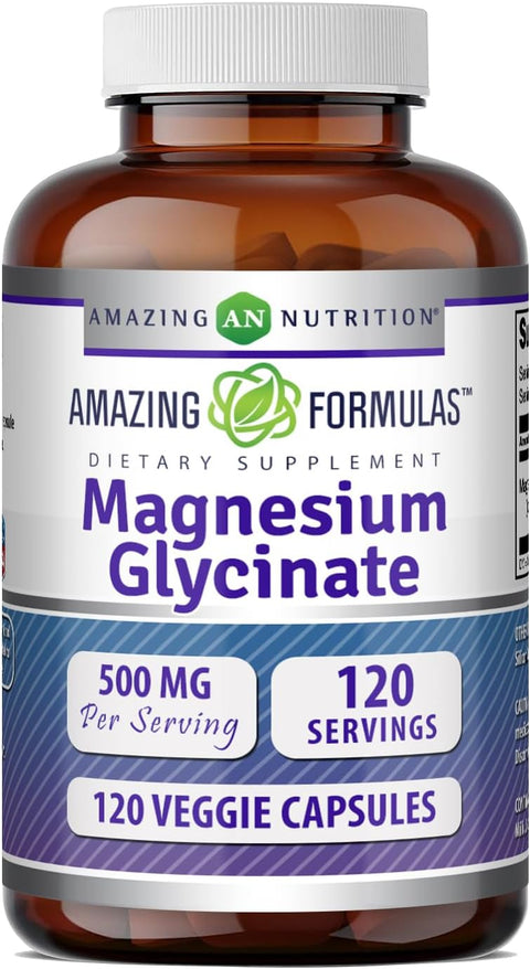Amazing Formulas Magnesium Glycinate 500 Mg | Veggie Capsules Supplement | Gluten-Free | Made in USA (1 Pack | 120 Count)
