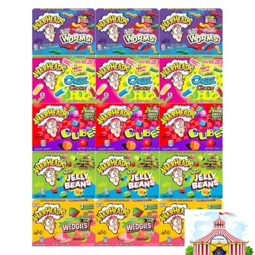 Chewy Bite-size Candy Warheads Variety Pack - Lil’ Worms, Ooze Chews, Sour Chewy, Sour Jelly Beans, Wedgies - 3 Each, 5 Flavors, 15 Pack, Theater Size Boxes - Perfect For Parties, Snacks, And Treats