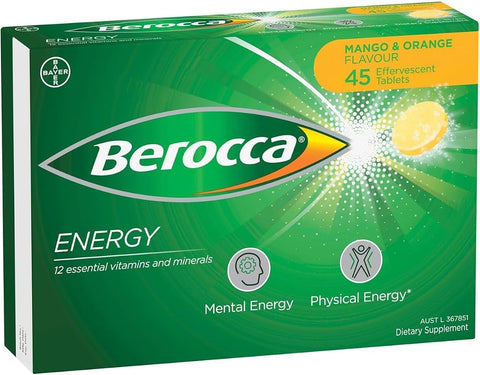 Berocca Energy Vitamin B & C Mango & Orange Flavour Effervescent Tablets 45 Count