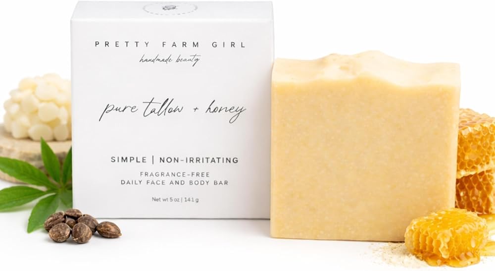 Pretty farm girl Pure Tallow + Honey Soap Bar - Fragrance Free - Handmade - Sensitive Skin - Tallow & Goat Milk. - Personal Care