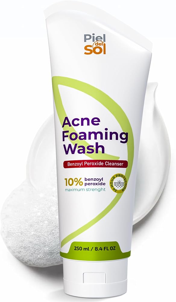 Acne Foaming Wash Cleanser, Benzoyl Peroxide 10% Acne Treatment for Face, Body, pH Balancing - Foam Face Wash Moisturizer with Licorice Root, Vitamin E, Antioxidants 250ml.