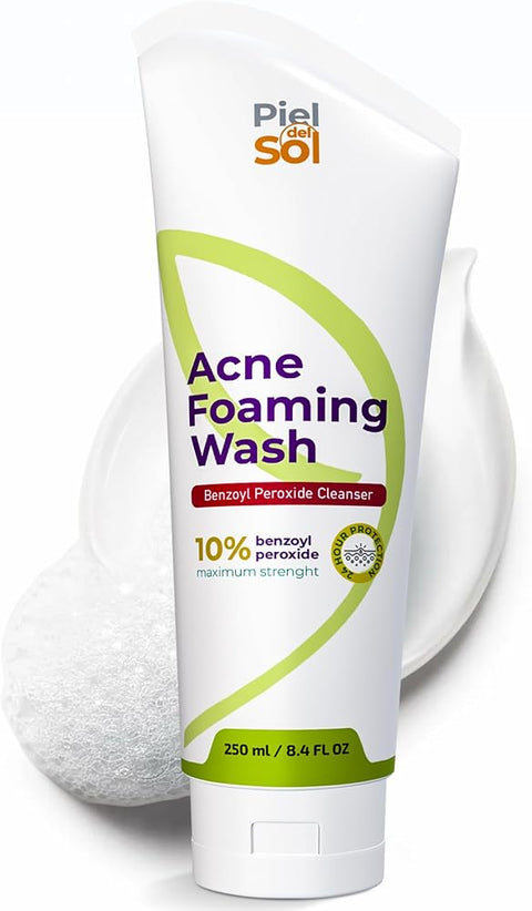 Acne Foaming Wash Cleanser, Benzoyl Peroxide 10% Acne Treatment for Face, Body, pH Balancing - Foam Face Wash Moisturizer with Licorice Root, Vitamin E, Antioxidants 250ml.