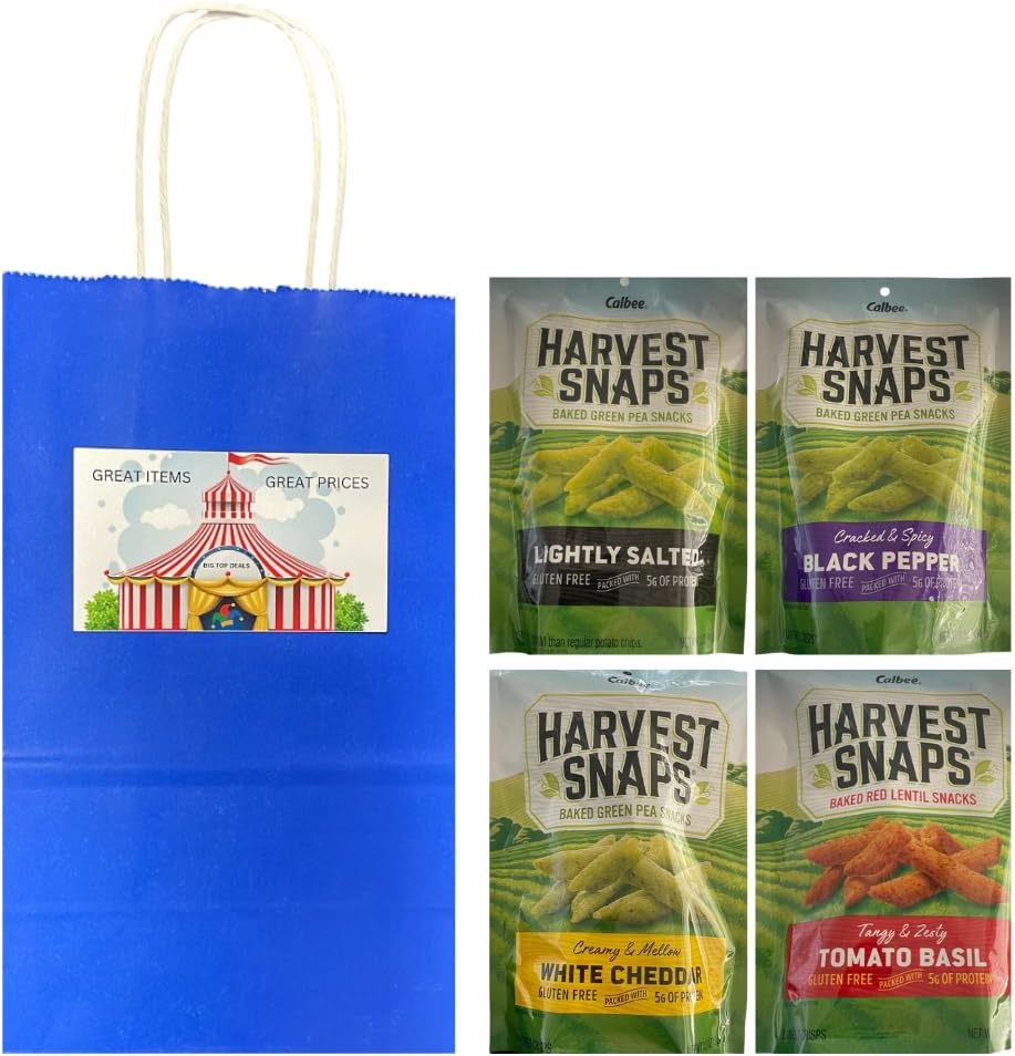 Big Top Deals USA 4-Pack Veggie Chips Snack Bundle – Includes Harvest Snaps Flavors (White Cheddar, Tomato Basil, Lightly Salted, Black Pepper) – 3oz Bags in Blue Paper Bag