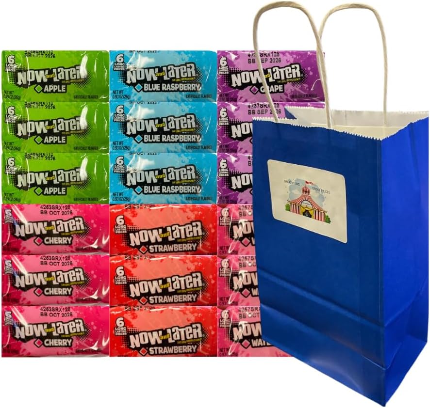Variety Pack Now and Later Candy, 18 Count, Individually Wrapped Chews, 6 Fruity Flavors, 0.93 oz with Blue Paper Gift Bag 5.25x3.2x8 inch, Party Favors, Snacks, Bulk Pack