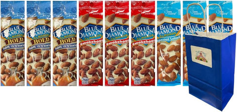 Variety Pack Diamond Almonds 9-Pack – Salt 'N Vinegar, Smokehouse, Roasted Salted Flavors, 1.5 Oz Each, With 5.25x3.2x8 Blue Gift Paper Bag – Protein Snack, On-the-Go, Kosher