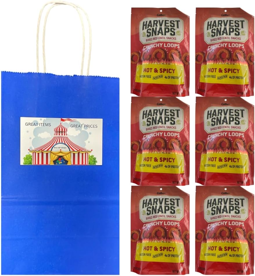 Big Top Deals USA Blue Paper Bag with 6-Pack Snaps Hot and Spicy Veggie Chips – 3oz Bags – Crunchy Snack Multipack – Packed in 5.25x3.2x8 Gift-Style Custom Bundle