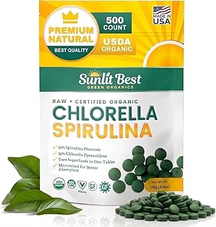 Sunlit Best Organic Chlorella Spirulina Tablets, Green Algae Pills, 500 CT