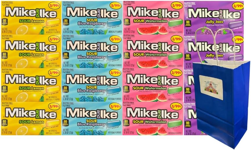 Variety Pack Mike and Ike Candy 16 Count, 0.78 oz Snack Bags, Bonus Blue Gift Bag Included, Individually Wrapped, Perfect for Gifting, Party Favors, Candy Buffet, Movie Night, Travel Snacks