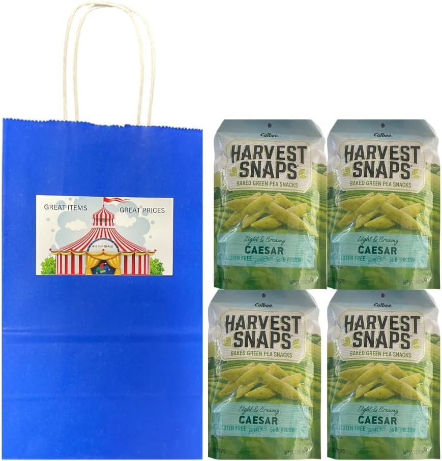 Big Top Deals USA Blue Paper Bag with Harvest Snaps Veggie Chips Caesar (3oz Bags) – 4-Pack Custom Bundle