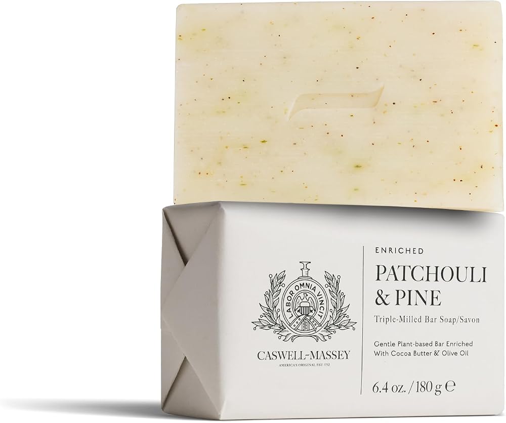 Caswell Massey Patchouli & Pine Bar Soap Moisturizing Body Soap with Shea Butter, Cocoa Butter, Olive Oil, Oatmeal & Kaolin Clay Woody Spiced Scent for Shower or Bath