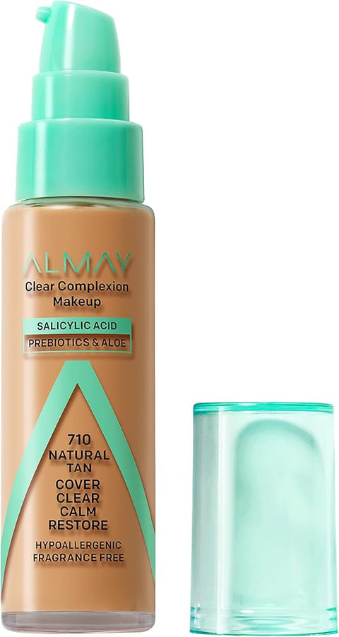 Almay Clear Complexion Acne Foundation Makeup with Salicylic Acid, Medium Coverage, Soft Matte Finish, Hypoallergenic, Cruelty- & Fragrance-Free, Dermatologist Tested, 710 Natural Tan, 1 fl oz