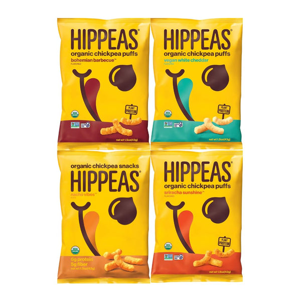 Generic Variety Pack Organic Chickpea Puffs HIPPEAS - Bohemian BBQ, Vegan White Cheddar, Nacho Vibes, Sriracha Sunshine - 4 Flavors, 1.5 oz Each, 4-Pack - Plant-Based, Gluten-Free, Healthy Snacks