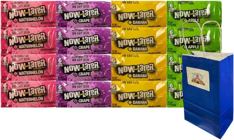 Variety Pack Now and Later Long Lasting Fruit Chews 16 Count – 4 Flavors Watermelon Grape Apple Banana – 0.93 oz Candy Individually Wrapped – Includes Blue Gift Bag 5.25x3.2x8 in
