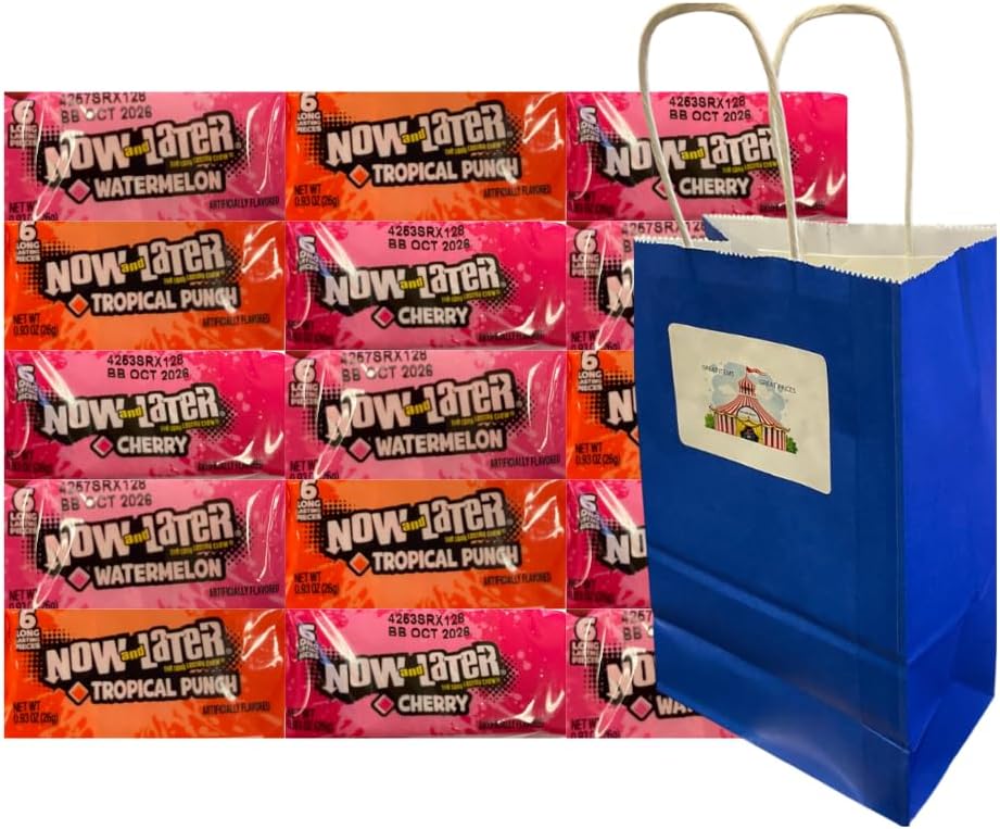 Variety Pack Now and Later Candy – 15 Wrapped Pieces, Assorted Flavors (Cherry, Tropical Punch, Watermelon), Long-Lasting Fruit Candy with Blue Treat Paper Bag, 0.93 oz Pack for Party Favors