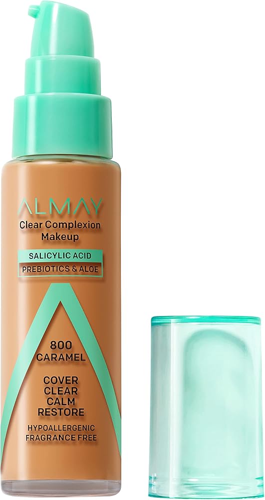 Almay Clear Complexion Acne Foundation Makeup with Salicylic Acid, Medium Coverage, Soft Matte Finish, Hypoallergenic, Cruelty- & Fragrance-Free, Dermatologist Tested, 800 Caramel, 1 fl oz