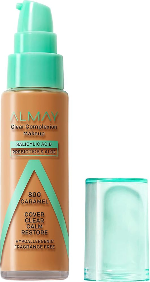Almay Clear Complexion Acne Foundation Makeup with Salicylic Acid, Medium Coverage, Soft Matte Finish, Hypoallergenic, Cruelty- & Fragrance-Free, Dermatologist Tested, 800 Caramel, 1 fl oz
