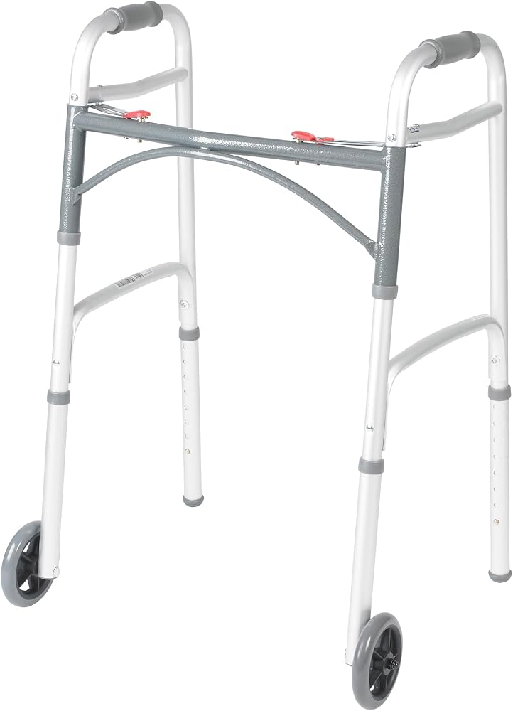Drive Medical Two-Button Folding Walker with Wheels, Height Adjustable