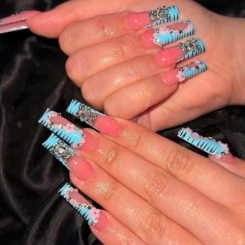 plalely Long Square Press on Nails, Acrylic Press on Nails with Designs，Long Press on Nail for Women 24pcs