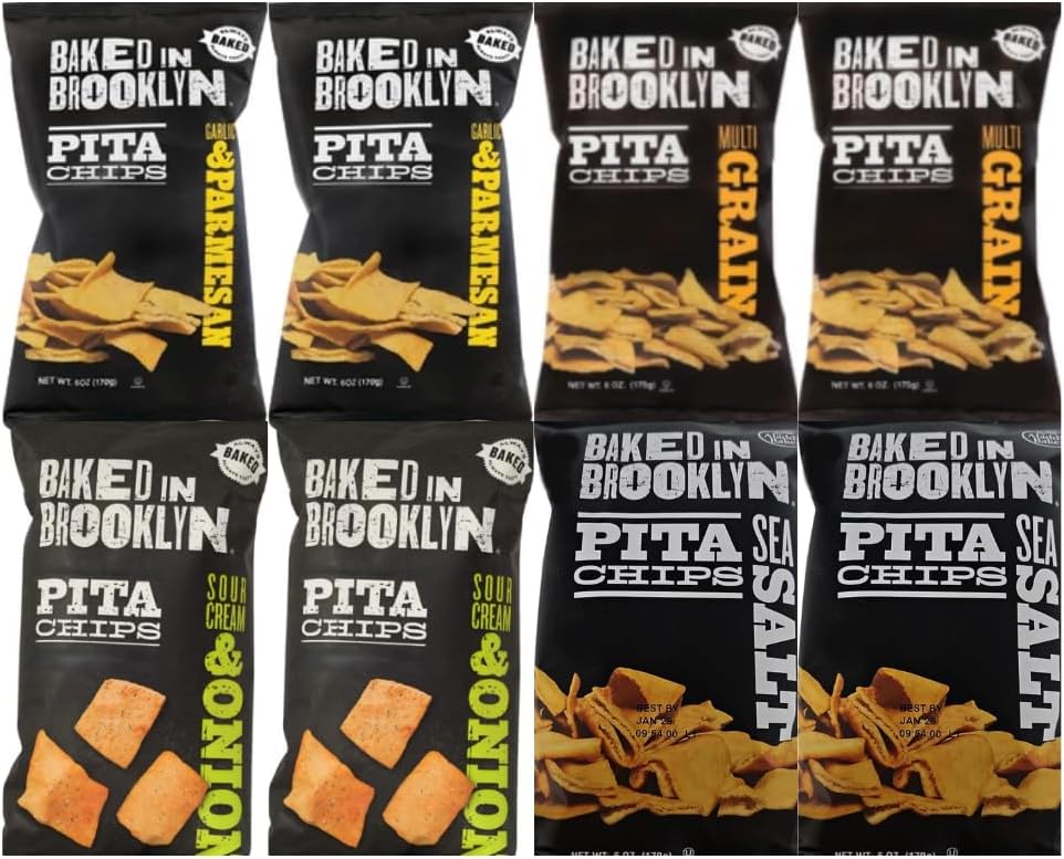 Variety Pack Pita Chips Baked In Brooklyn - Garlic Parmesan, Sea Salt, Multi Grain, Sour Cream And Onion - 4 Flavors - 2 Each Flavor - 6 Oz Bags - 8 Pack - Perfect Snack for Parties & Gatherings