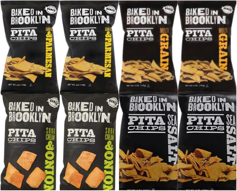 Variety Pack Pita Chips Baked In Brooklyn - Garlic Parmesan, Sea Salt, Multi Grain, Sour Cream And Onion - 4 Flavors - 2 Each Flavor - 6 Oz Bags - 8 Pack - Perfect Snack for Parties & Gatherings