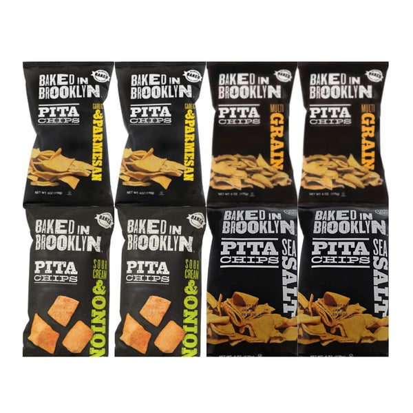 Variety Pack Pita Chips Baked In Brooklyn - Garlic Parmesan, Sea Salt, Multi Grain, Sour Cream And Onion - 4 Flavors - 2 Each Flavor - 6 Oz Bags - 8 Pack - Perfect Snack for Parties & Gatherings