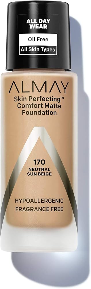 Almay Skin Perfecting Comfort Matte Foundation, Hypoallergenic, Cruelty Free, -Fragrance Free, Dermatologist Tested Liquid Makeup, Neutral Sun Beige, 1 Fluid Ounce