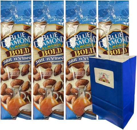 Snack Pack Diamond Almonds Salt 'n Vinegar 1.5 oz 4-Pack with Blue Paper Bag – Smart Keto-Friendly Snack, Healthy On-the-Go Protein, Travel Snack Packs for Adults & Kids