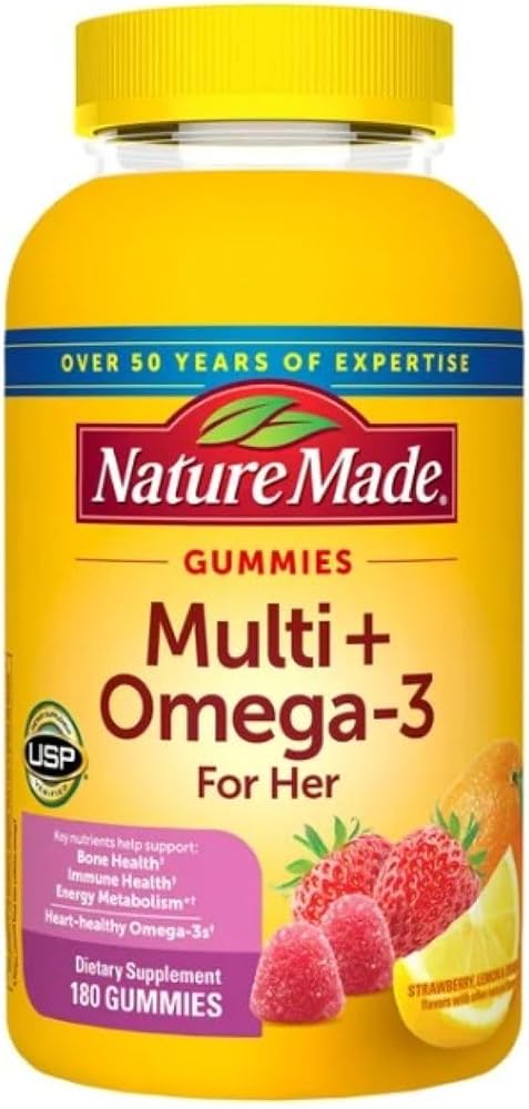 Nature Made Multivitamin + Omega-3, Multivitamin Gummies for Her, Daily Nutritional Support, 180 Adult Gummy Vitamins & Minerals, 90 Day Supply