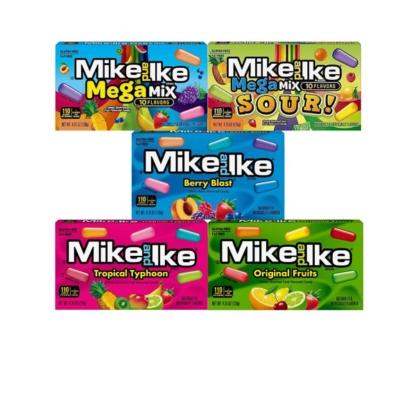 Candy Assorted Flavor Mike And Ike - Original Fruits, Tropical Typhoon, Berry Blast, Mega Mix, Mega Mix Sour - 5 Flavors in Theater Size Boxes - Perfect for Parties, Gifts, Movie Nights (5 Pack)