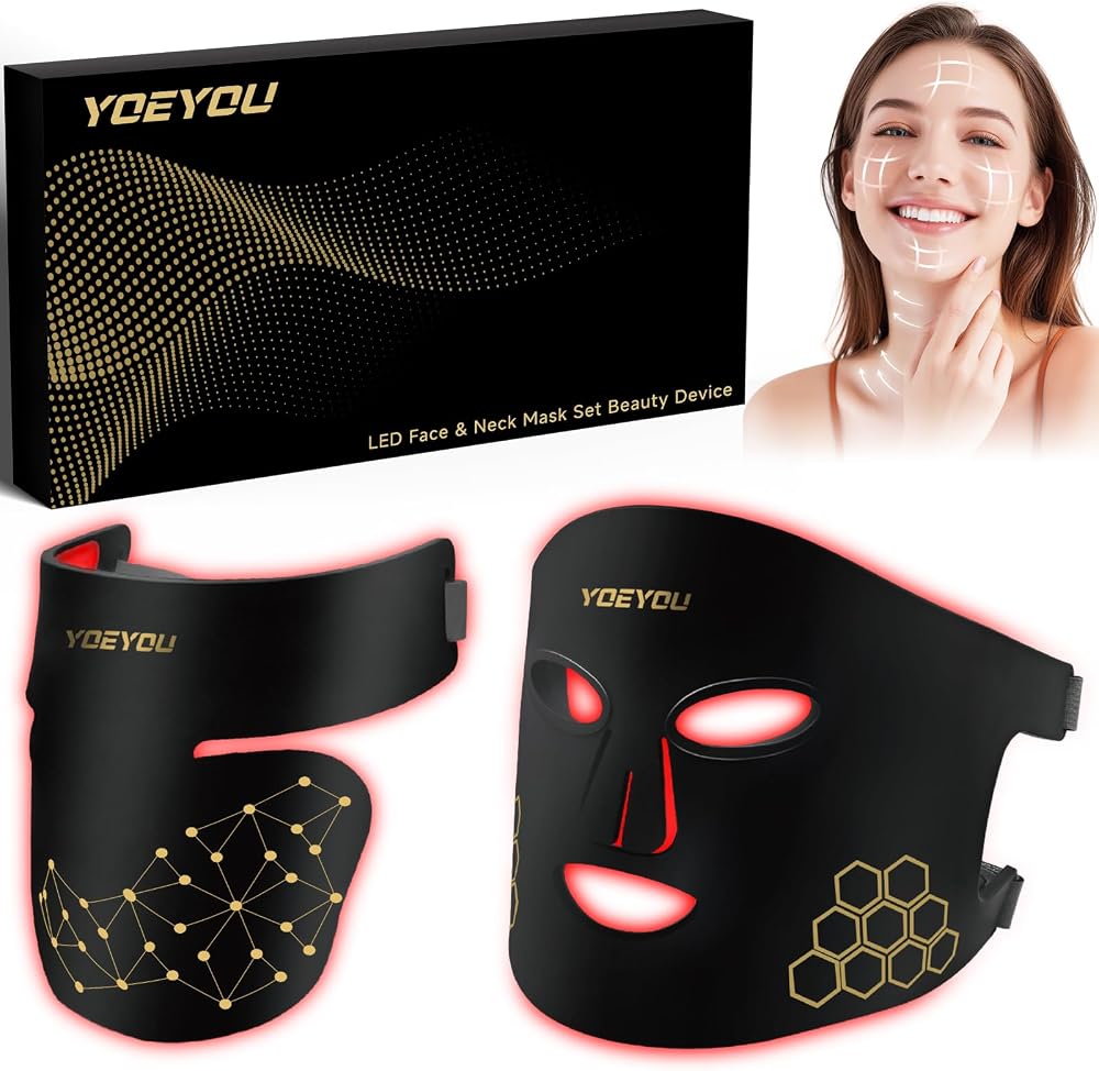 YOEYOU Red Light Therapy for Face and Neck, 850nm Infrared & Red Light Mask, 4 Modes LED Face Mask Light Therapy with Neck Masks, 2600mAh Rechargeable Portable Skincare Device at Home & Travel