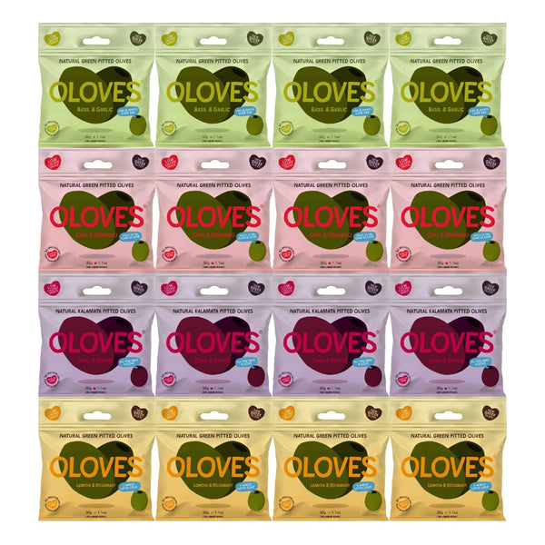 Variety Pack Pitted Green Olives & Kalamata Oloves, 4 Flavors: Basil and Garlic, Chili and Oregano, Lemon and Rosemary, Chili and Garlic, 4 Each Flavor, 1.1 oz, 16 Pack - Delicious Snack, Keto-Friendly