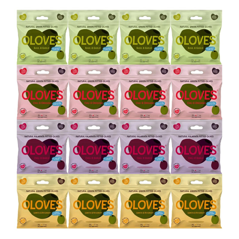 Variety Pack Pitted Green Olives & Kalamata Oloves, 4 Flavors: Basil and Garlic, Chili and Oregano, Lemon and Rosemary, Chili and Garlic, 4 Each Flavor, 1.1 oz, 16 Pack - Delicious Snack, Keto-Friendly