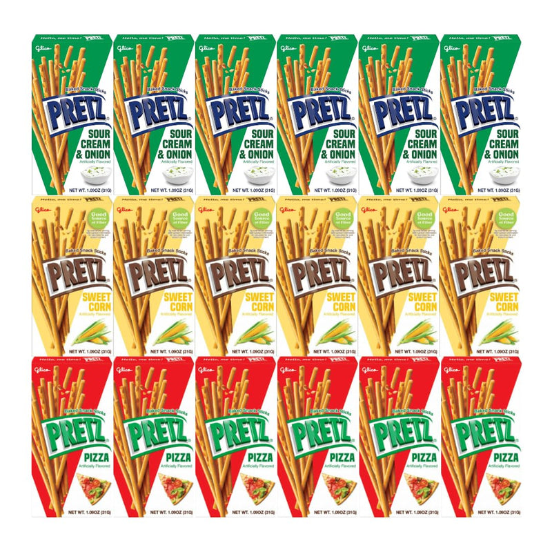 Variety Pack Sweet Corn Baked Snack Sticks Glico Pretz (Sweet Corn, Pizza, Sour Cream & Onion) Individually Wrapped, Perfect for Snacks, Lunches, and On-the-Go, 1.09 Ounce, 6 each flavor, 18 Pack
