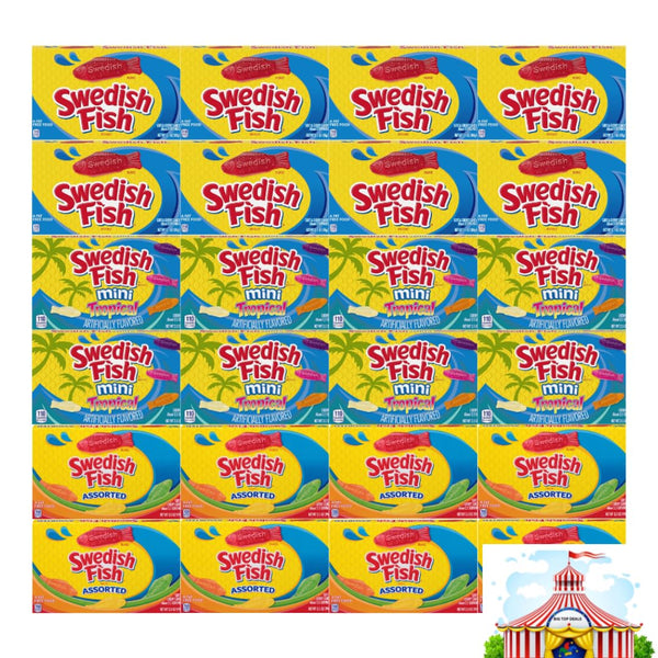 Variety Pack of Soft and Chewy Candy - 3 Flavors: Assorted, Mini Tropical, Red - Theater Size Boxes - 8 Each Flavor, 24 Pack, Swedish Fish Candy - Perfect for Parties, Movie Nights, and Snacking