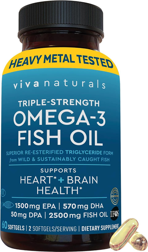 Viva Naturals Omega 3 Fish Oil Supplement for Women and Men - 2500 mg Triple Strength Fish Oil per Serving with Omega 3 Fatty Acids Including EPA, DHA DPA - 60 Pescatarian-Friendly Softgels