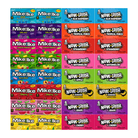 Assorted Candy Mix Variety Pack – 8 Flavors of Mike and Ike & 8 Flavors of Now and Later – 2 of Each Flavor – Bulk 32 Pack – Chewy & Fruity Candy for Parties, Snacks, and Gifts