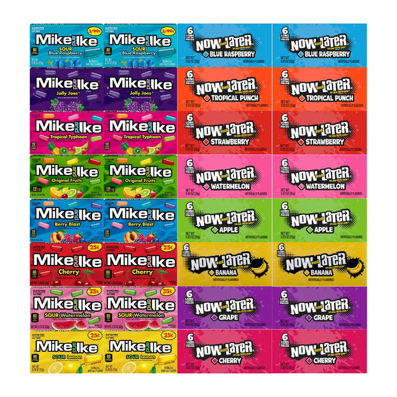 Assorted Candy Mix Variety Pack – 8 Flavors of Mike and Ike & 8 Flavors of Now and Later – 2 of Each Flavor – Bulk 32 Pack – Chewy & Fruity Candy for Parties, Snacks, and Gifts