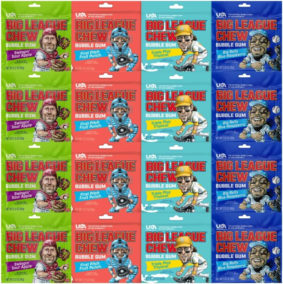 Variety Pack Big League Chew Bubble Gum, 16 Count (4 Flavors x 4 Each), 2.12 oz Pouches – Soft Shredded Chewing Gum, Long Lasting Bubble Gum, Bulk Candy Snack Pack for Kids, Teens & Adults