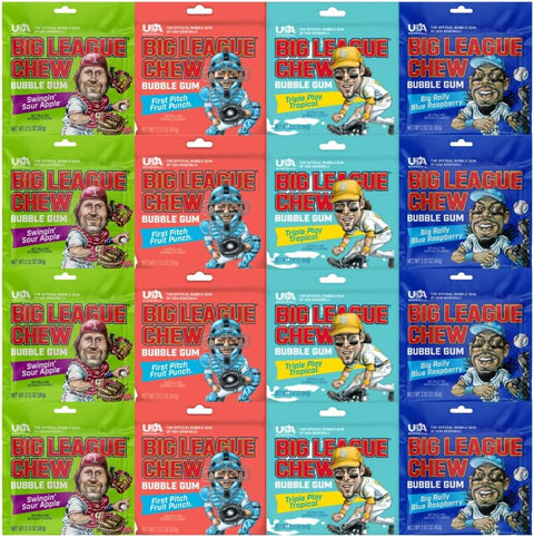 Variety Pack Big League Chew Bubble Gum, 16 Count (4 Flavors x 4 Each), 2.12 oz Pouches – Soft Shredded Chewing Gum, Long Lasting Bubble Gum, Bulk Candy Snack Pack for Kids, Teens & Adults