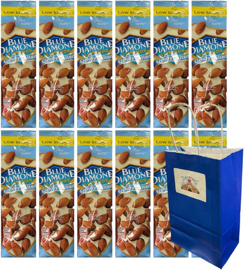 Big Top Deals USA Blue Paper Gift Bag 5.25x3.2x8 with Diamond Almonds Lightly Salted 1.5oz 12 Pack – Party Bag with Healthy On The Go Snacks