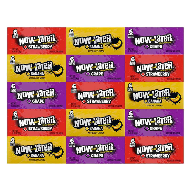 Variety Pack Now and Later Candy, 15 Individually Wrapped Pieces, Long-Lasting Chewy Candy, Includes Banana, Grape, and Strawberry, 0.93 oz per Pack, Perfect for Sharing, Parties, and On-the-Go