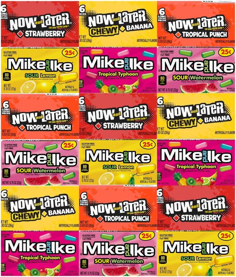 Assorted Candy Mix 18 Pack Individually Wrapped Mike and Ike Now and Later Variety Bulk Sweets for Parties Gifts Pinatas Events Includes Blue Paper Bag 5.25x3.2x8 Inches