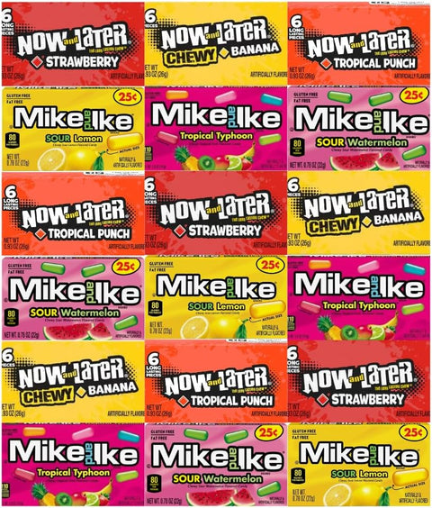 Assorted Candy Mix 18 Pack Individually Wrapped Mike and Ike Now and Later Variety Bulk Sweets for Parties Gifts Pinatas Events Includes Blue Paper Bag 5.25x3.2x8 Inches